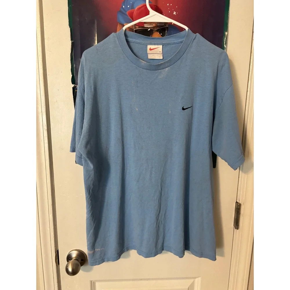 Vintage 90s Nike Mini Swoosh T-Shirt Mens Medium Blue Single Stitch Made in USA